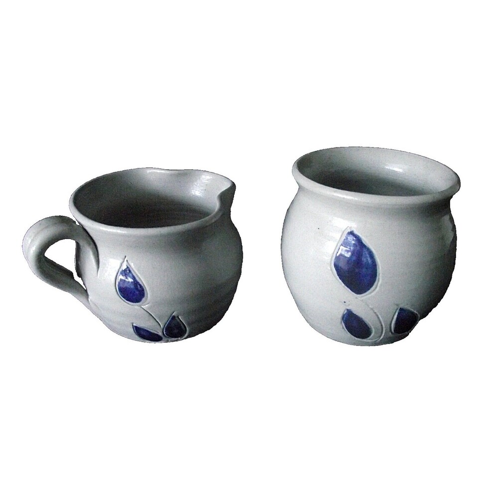 Pottery Pitcher Williamsburg VA Blue Creamer Sugar Bowl Vase Leaves Container 2